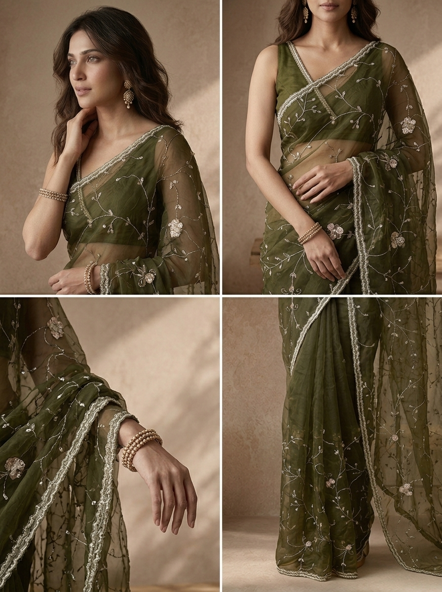 Mehadi Green Organza Bead Embroidered Saree