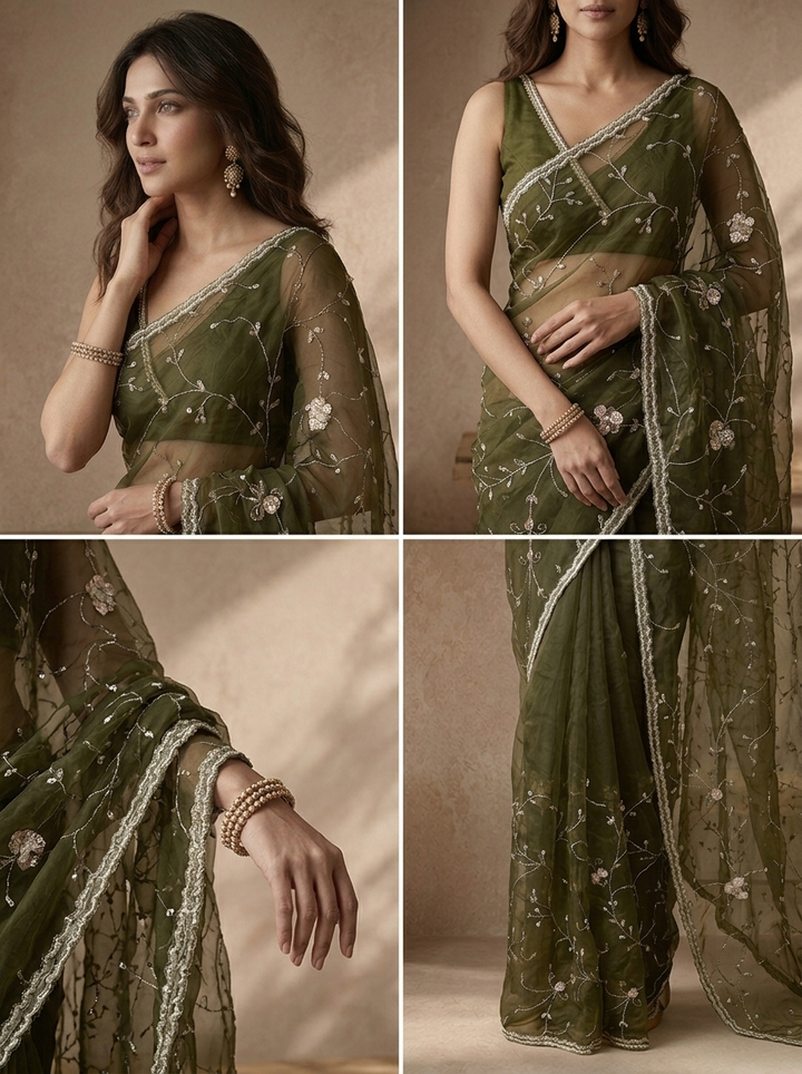 Mehadi Green Organza Bead Embroidered Saree