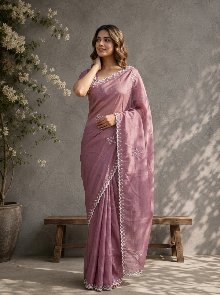 Purple Organza Geometric Thread Embroidered Saree