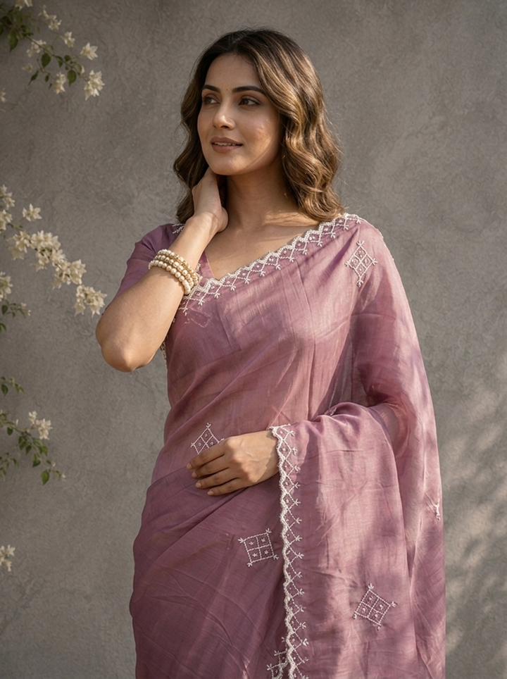 Purple Organza Geometric Thread Embroidered Saree