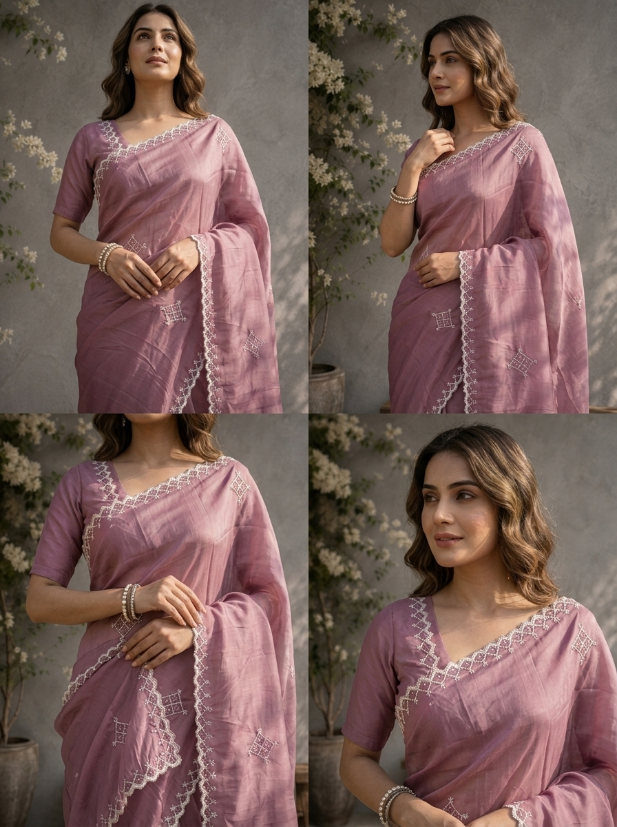 Purple Organza Geometric Thread Embroidered Saree