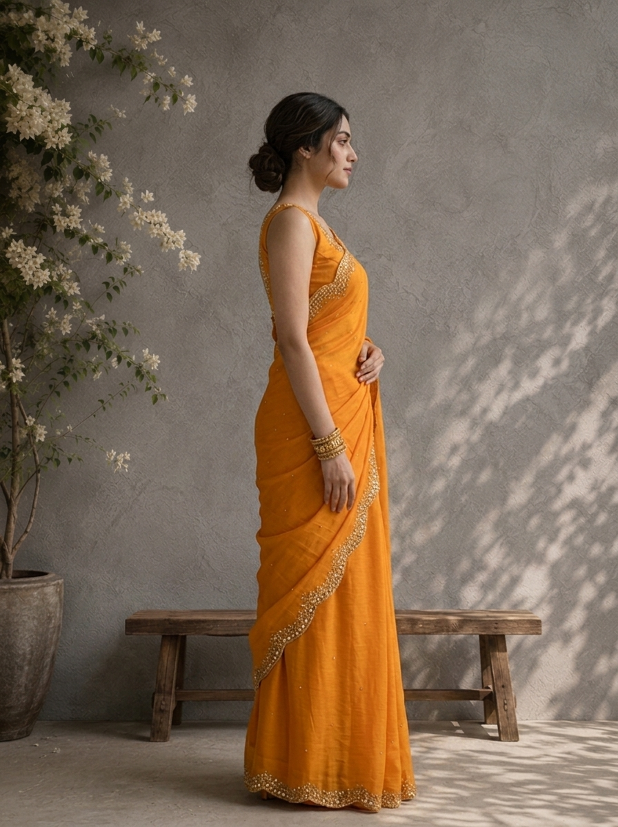 Mustard Organza Scattered Stone Butis Embroidered Saree