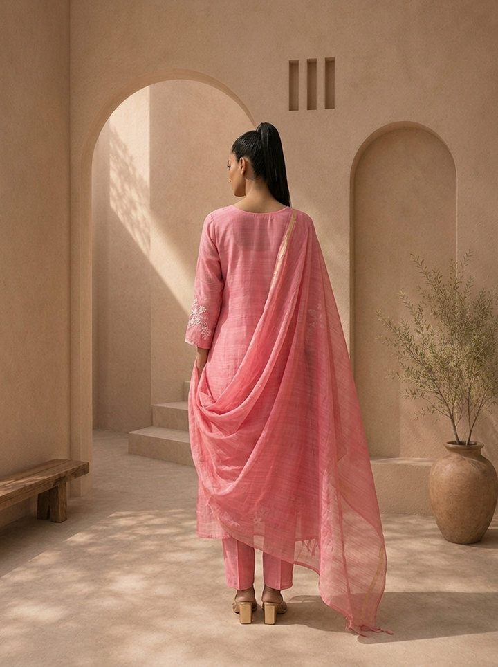 Pink Silk Floral Motif Embroidered Three Piece Set