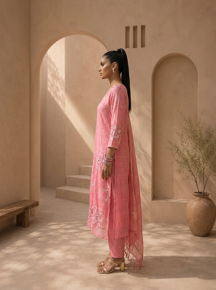 Pink Silk Floral Motif Embroidered Three Piece Set
