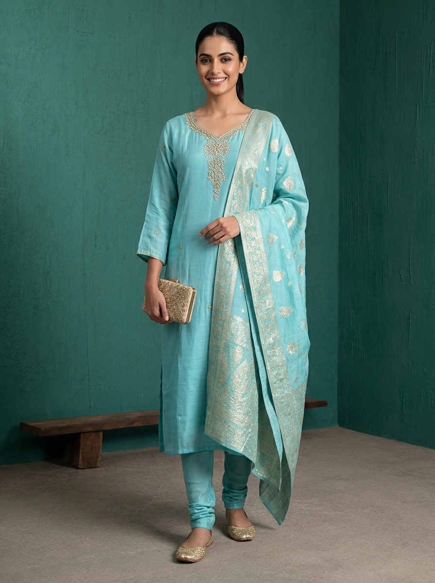 Sky Blue Muslin Zardozi Stone Embroidered Three Piece Set