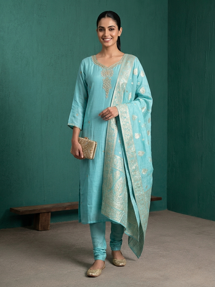 Sky Blue Muslin Zardozi Stone Embroidered Three Piece Set