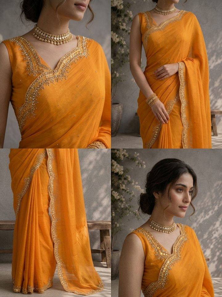Mustard Organza Scattered Stone Butis Embroidered Saree