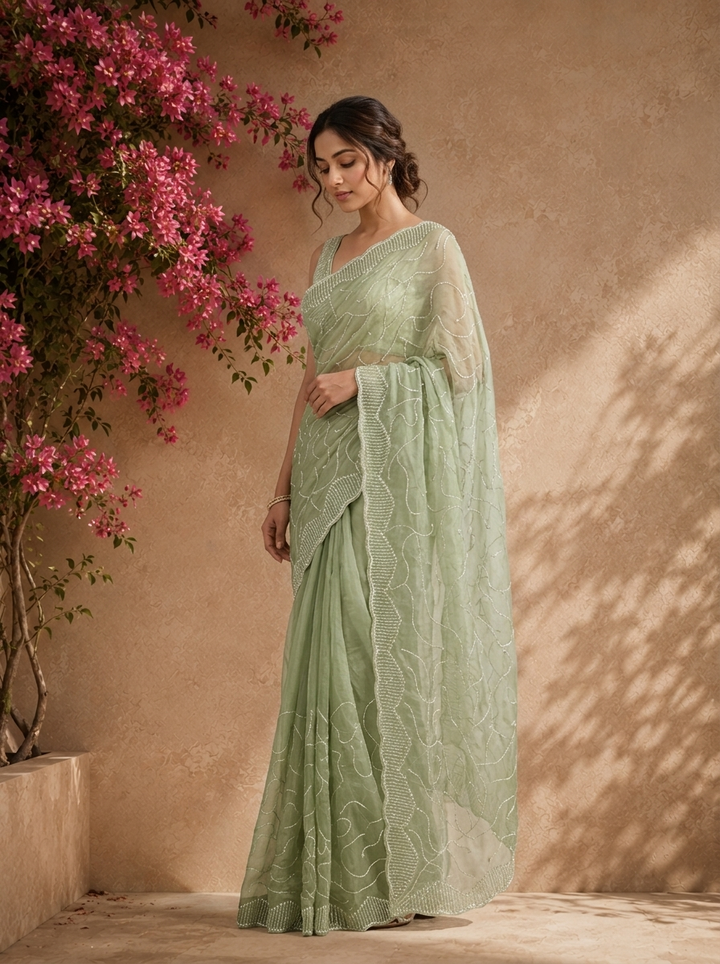 Pista Green Organza Embroidered Saree With Cutdana Jaal And Scallop Sequin Border