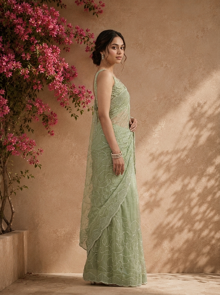 Pista Green Organza Embroidered Saree With Cutdana Jaal And Scallop Sequin Border