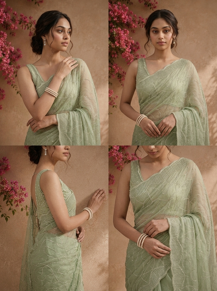 Pista Green Organza Embroidered Saree With Cutdana Jaal And Scallop Sequin Border