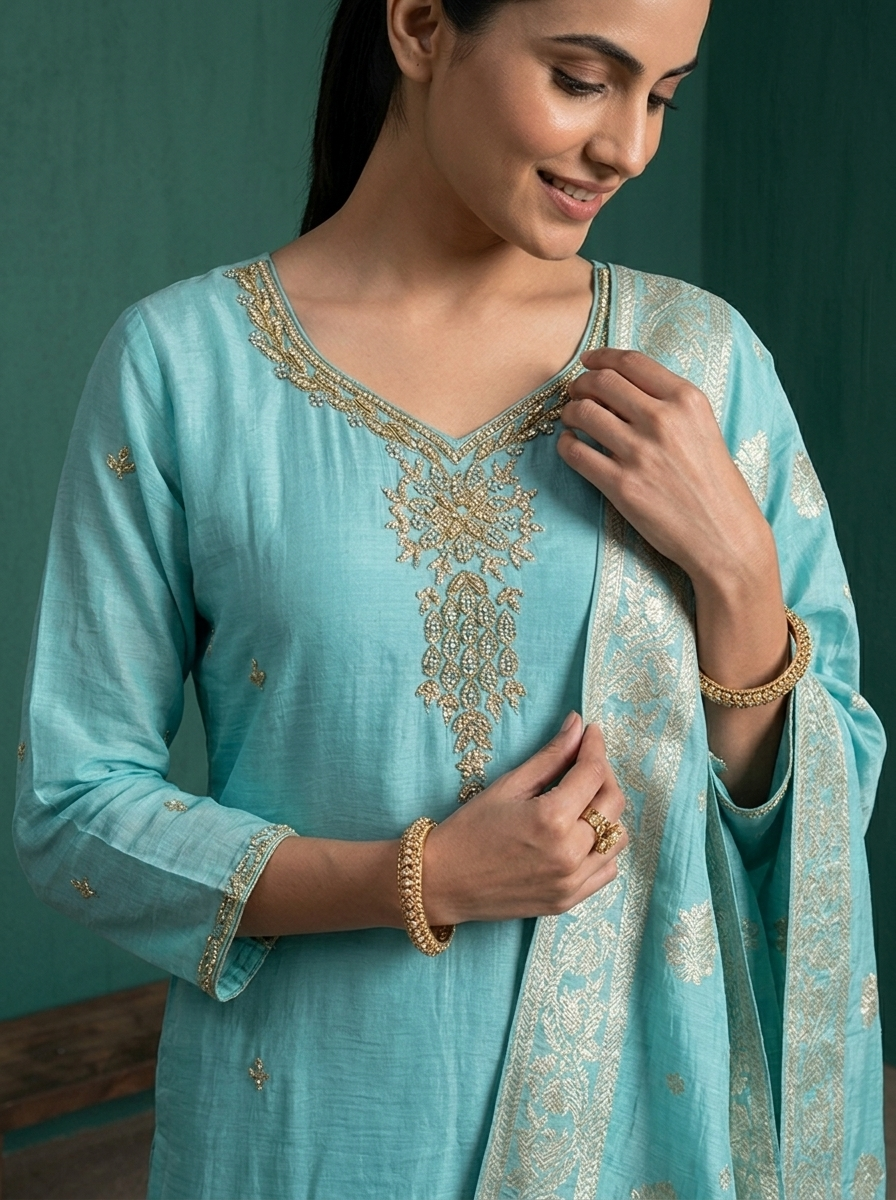 Sky Blue Muslin Zardozi Stone Embroidered Three Piece Set