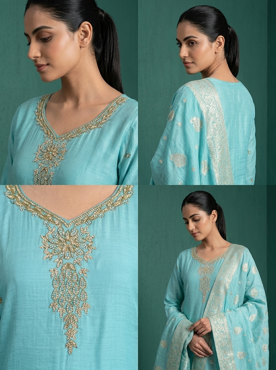 Sky Blue Muslin Zardozi Stone Embroidered Three Piece Set