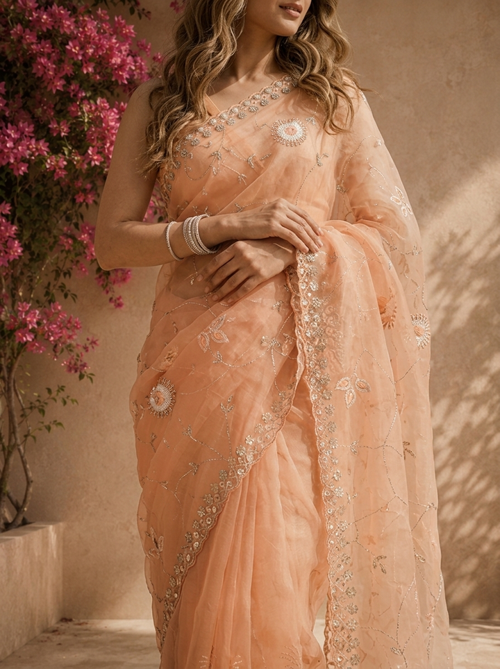 Peach Organza Mirror And Stone Embroidered Saree With Embellished Border