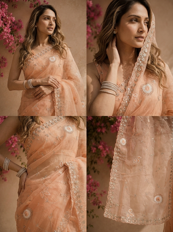 Peach Organza Mirror And Stone Embroidered Saree With Embellished Border