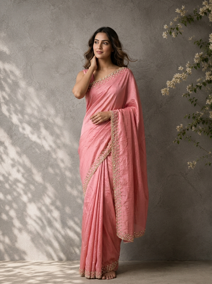 Pink Organza Solid Saree With Mirror And Pearl Border