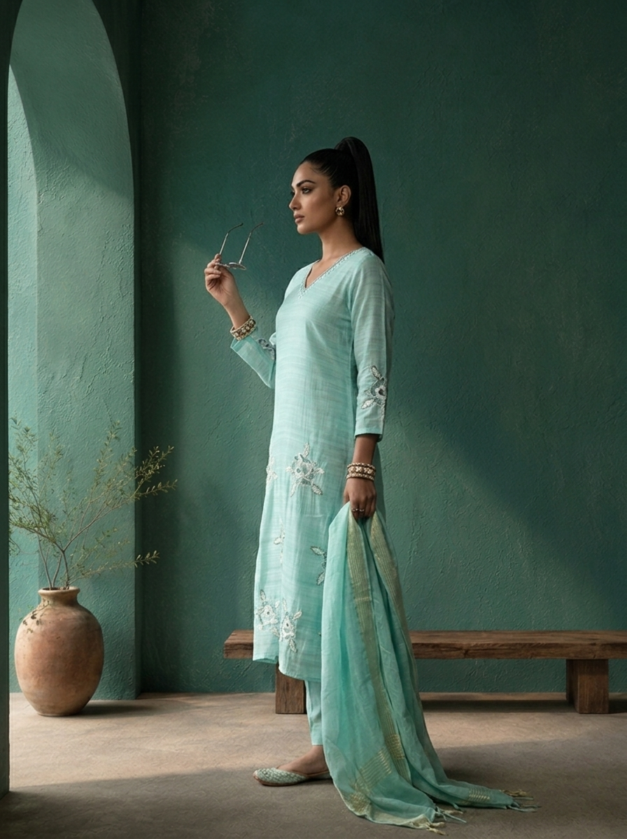 Sea Green Silk Floral Motif Embroidered Three Piece Set