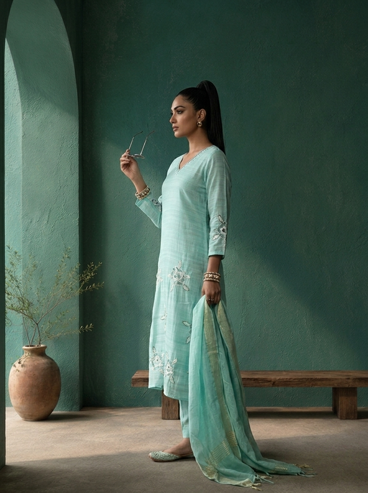 Sea Green Silk Floral Motif Embroidered Three Piece Set