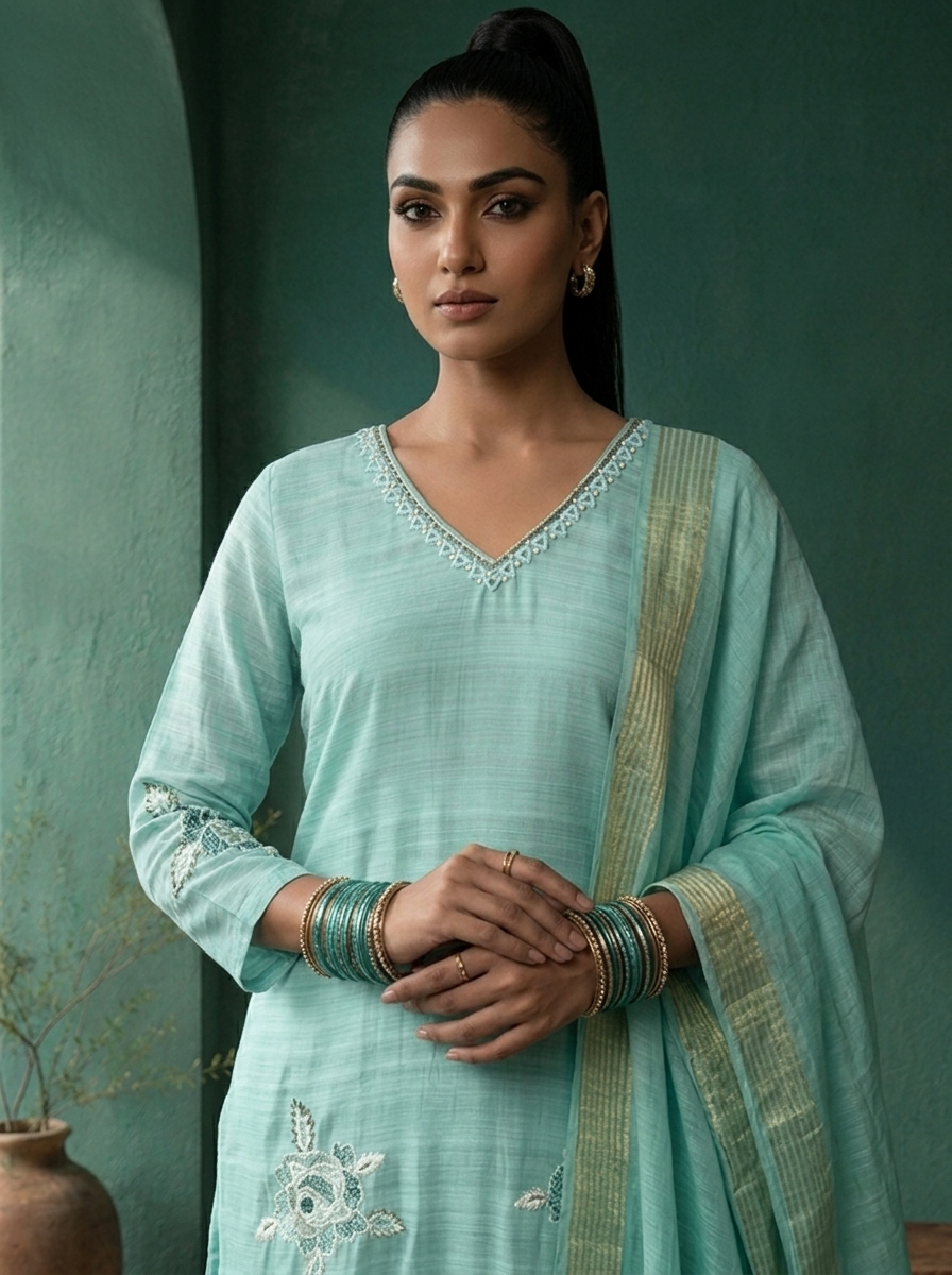 Sea Green Silk Floral Motif Embroidered Three Piece Set