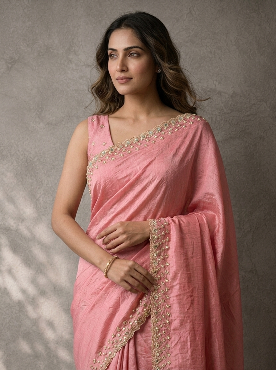 Pink Organza Solid Saree With Mirror And Pearl Border