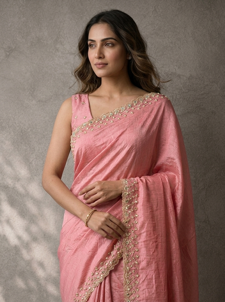Pink Organza Solid Saree With Mirror And Pearl Border