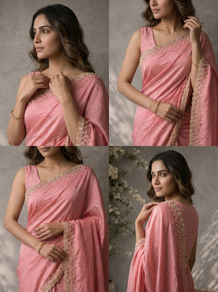 Pink Organza Solid Saree With Mirror And Pearl Border