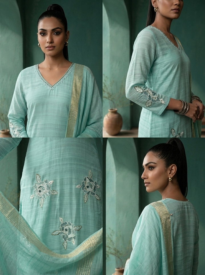 Sea Green Silk Floral Motif Embroidered Three Piece Set