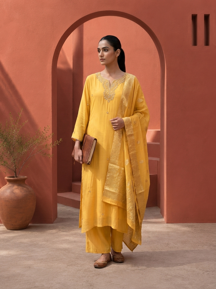 Yellow Muslin Heavy Zardozi And Stone Embroidered Three Piece Set