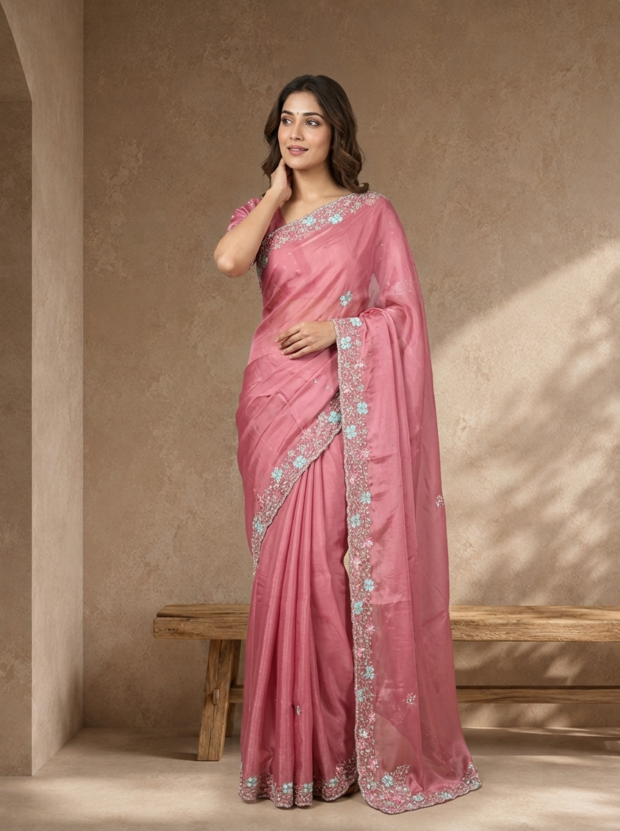 Onion Pink Organza Solid Saree With Floral Zari And Sequin Border