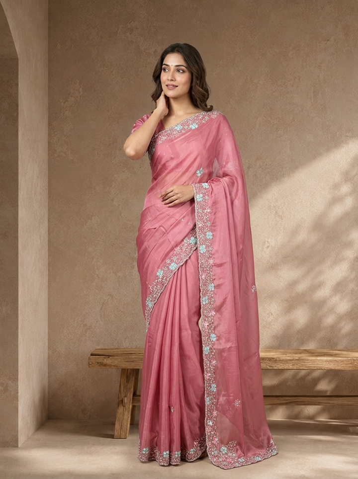 Onion Pink Organza Solid Saree With Floral Zari And Sequin Border