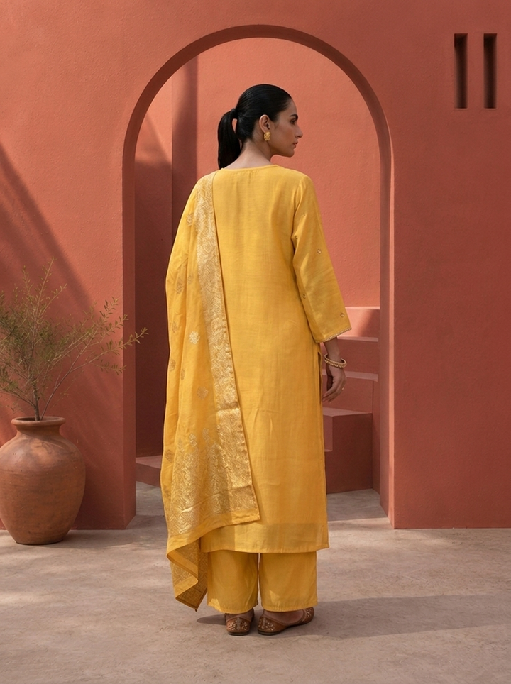 Yellow Muslin Heavy Zardozi And Stone Embroidered Three Piece Set