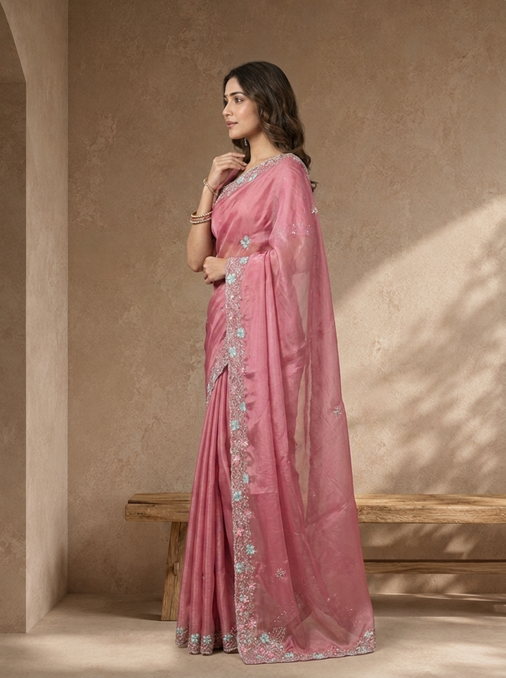 Onion Pink Organza Solid Saree With Floral Zari And Sequin Border