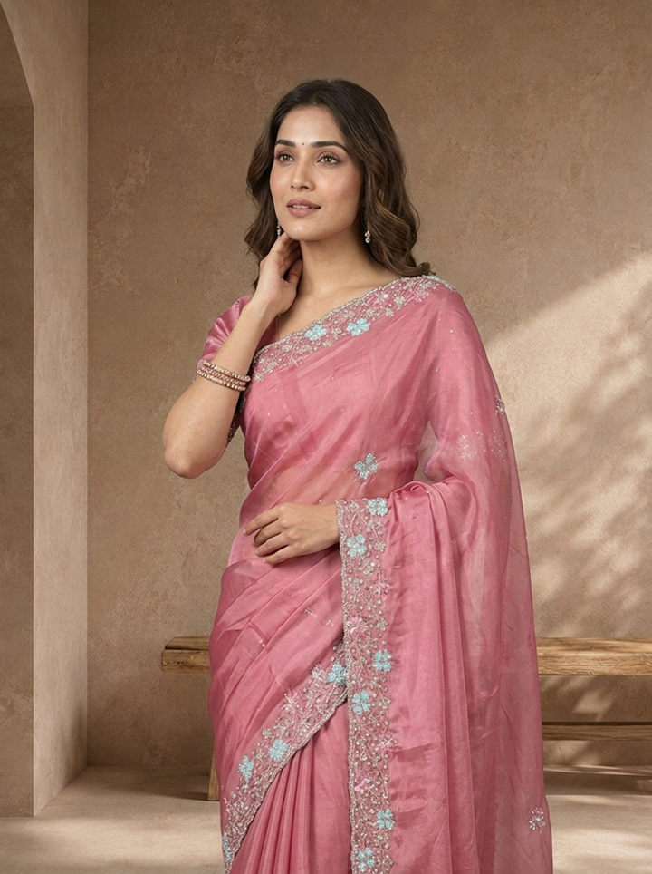 Onion Pink Organza Solid Saree With Floral Zari And Sequin Border