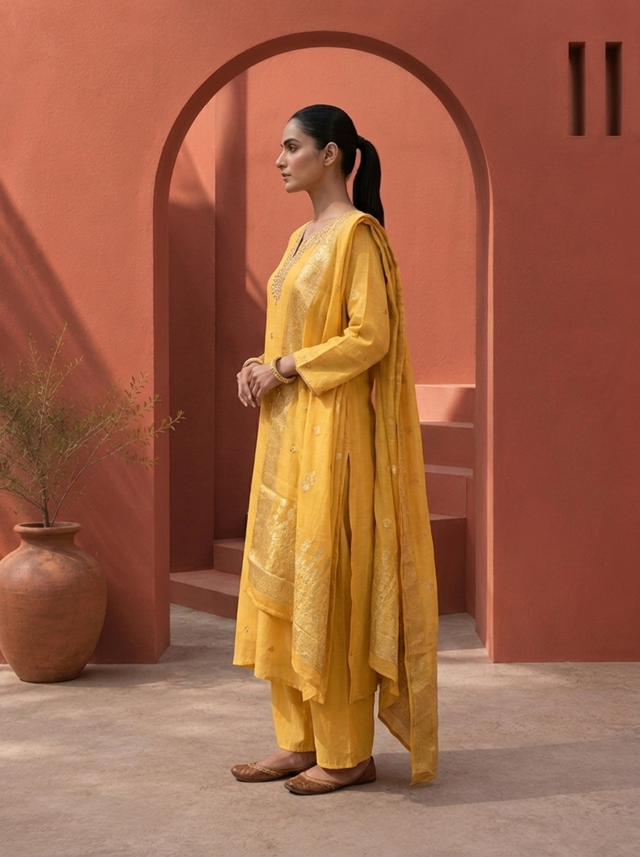 Yellow Muslin Heavy Zardozi And Stone Embroidered Three Piece Set