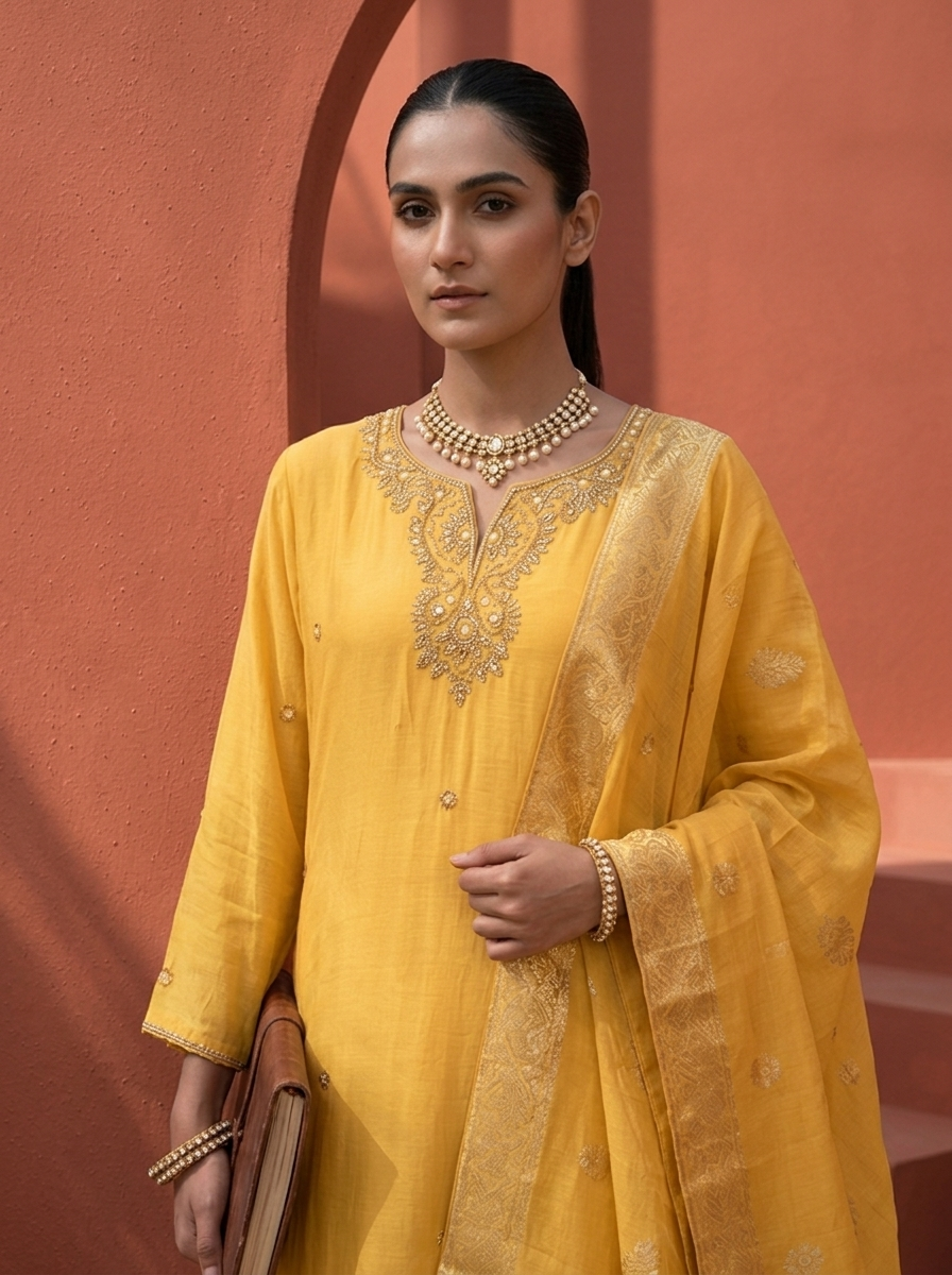 Yellow Muslin Heavy Zardozi And Stone Embroidered Three Piece Set