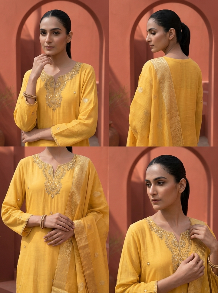 Yellow Muslin Heavy Zardozi And Stone Embroidered Three Piece Set