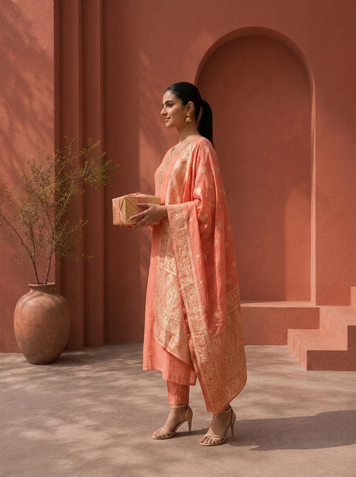Onion Muslin Zardozi Stone Embroidered Three Piece Set