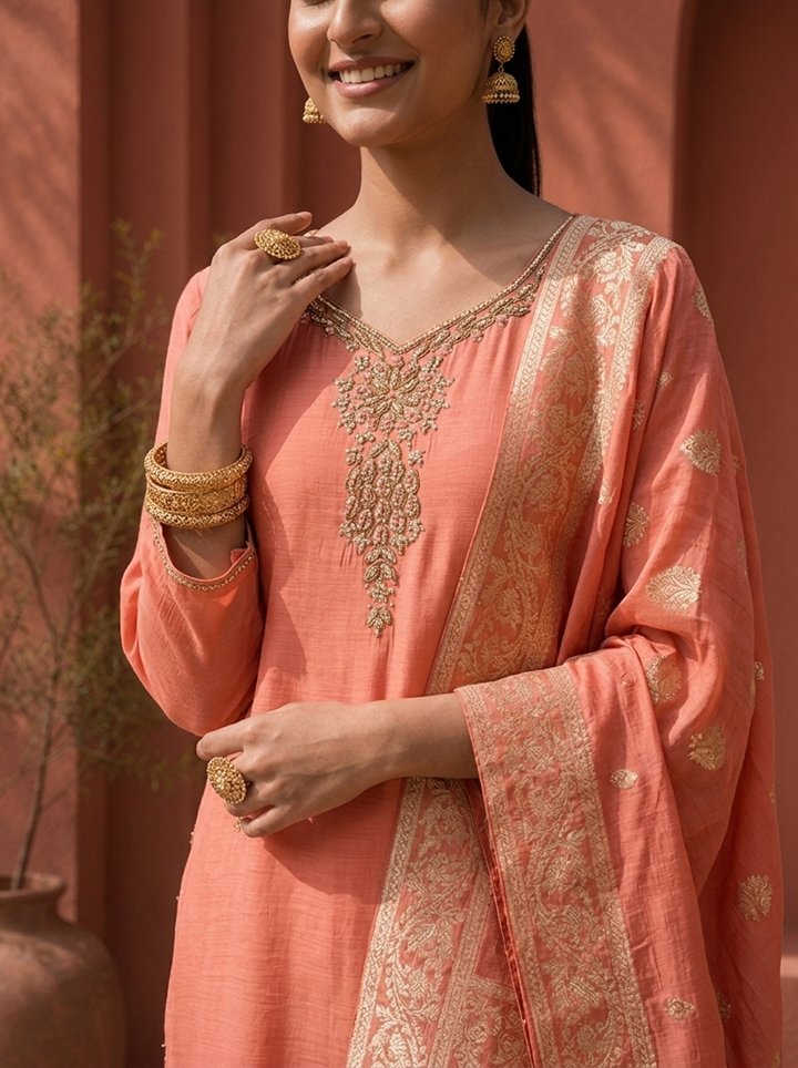 Onion Muslin Zardozi Stone Embroidered Three Piece Set
