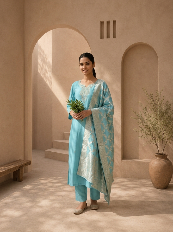 Sky Blue Muslin Paisley Motif Embroidered Three Piece Set