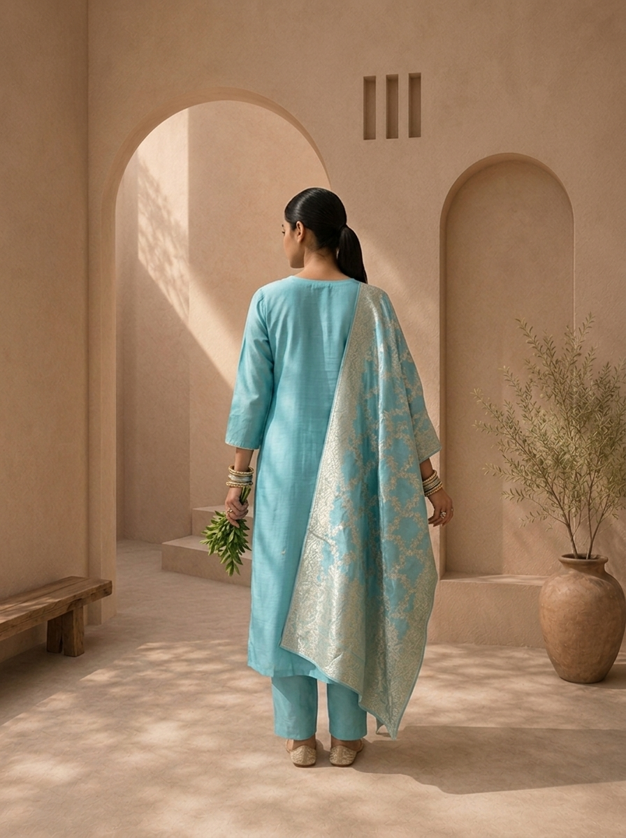 Sky Blue Muslin Paisley Motif Embroidered Three Piece Set