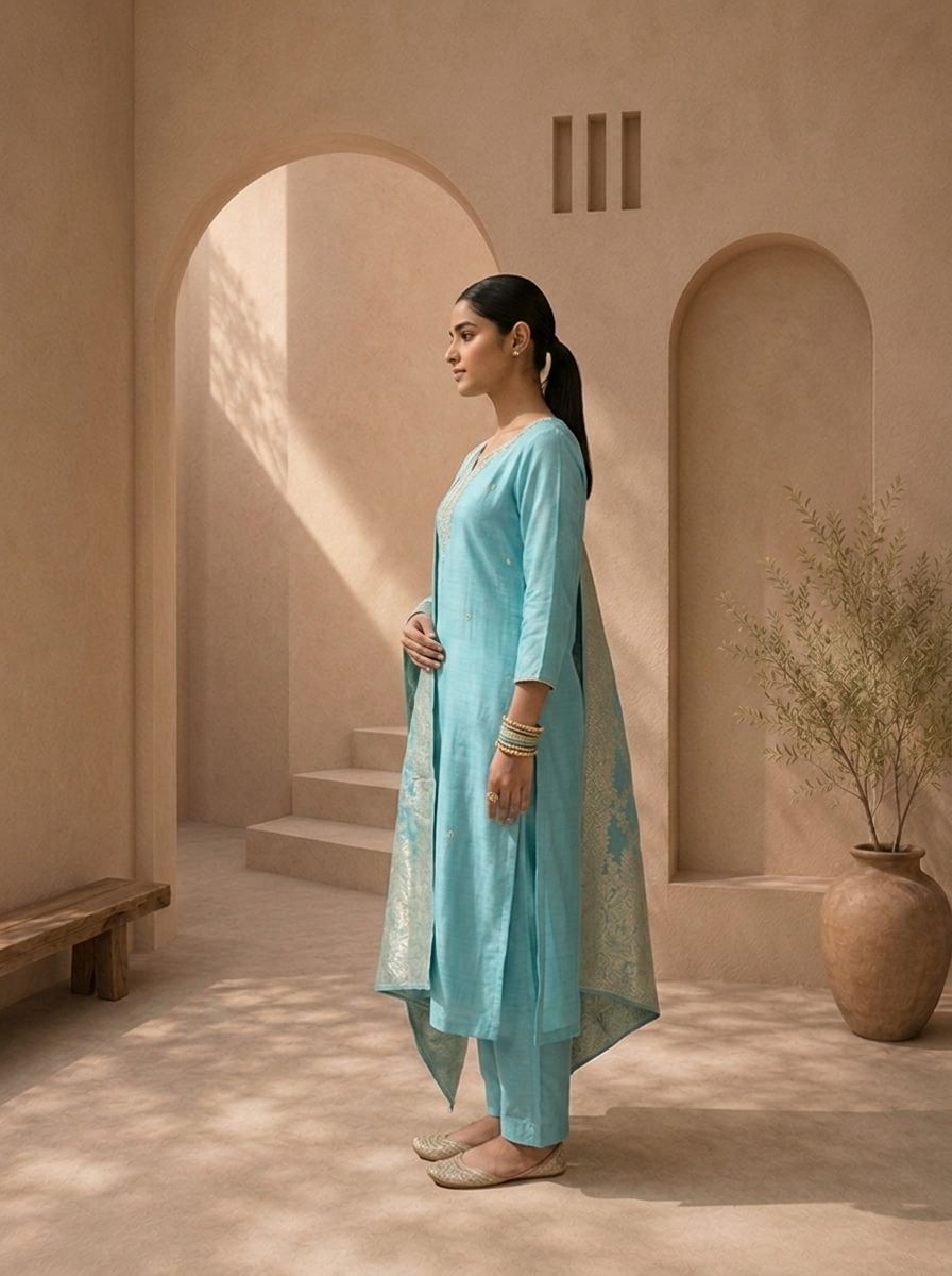 Sky Blue Muslin Paisley Motif Embroidered Three Piece Set