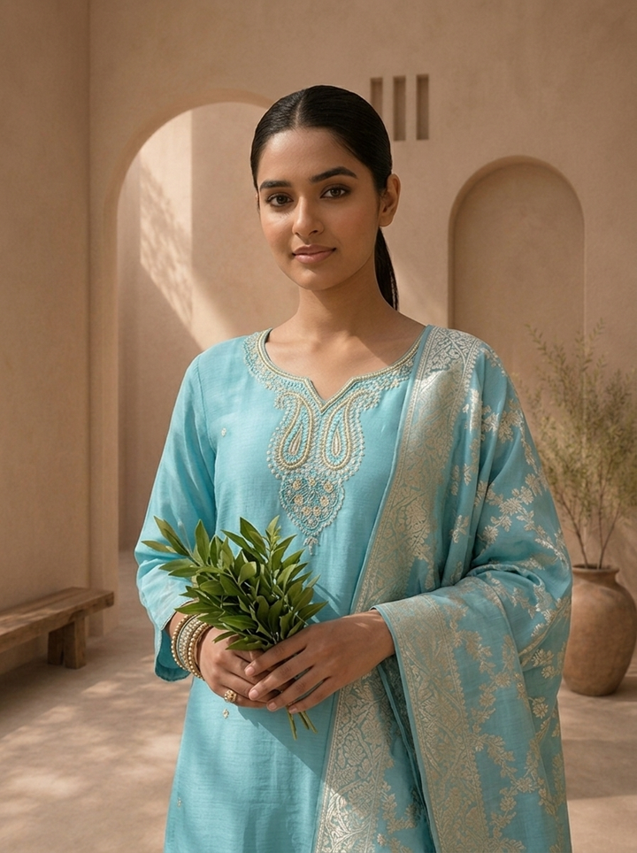 Sky Blue Muslin Paisley Motif Embroidered Three Piece Set