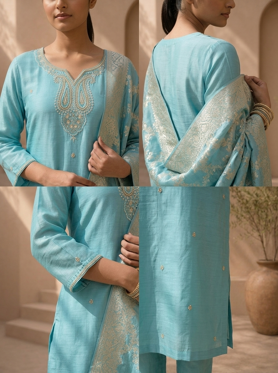 Sky Blue Muslin Paisley Motif Embroidered Three Piece Set
