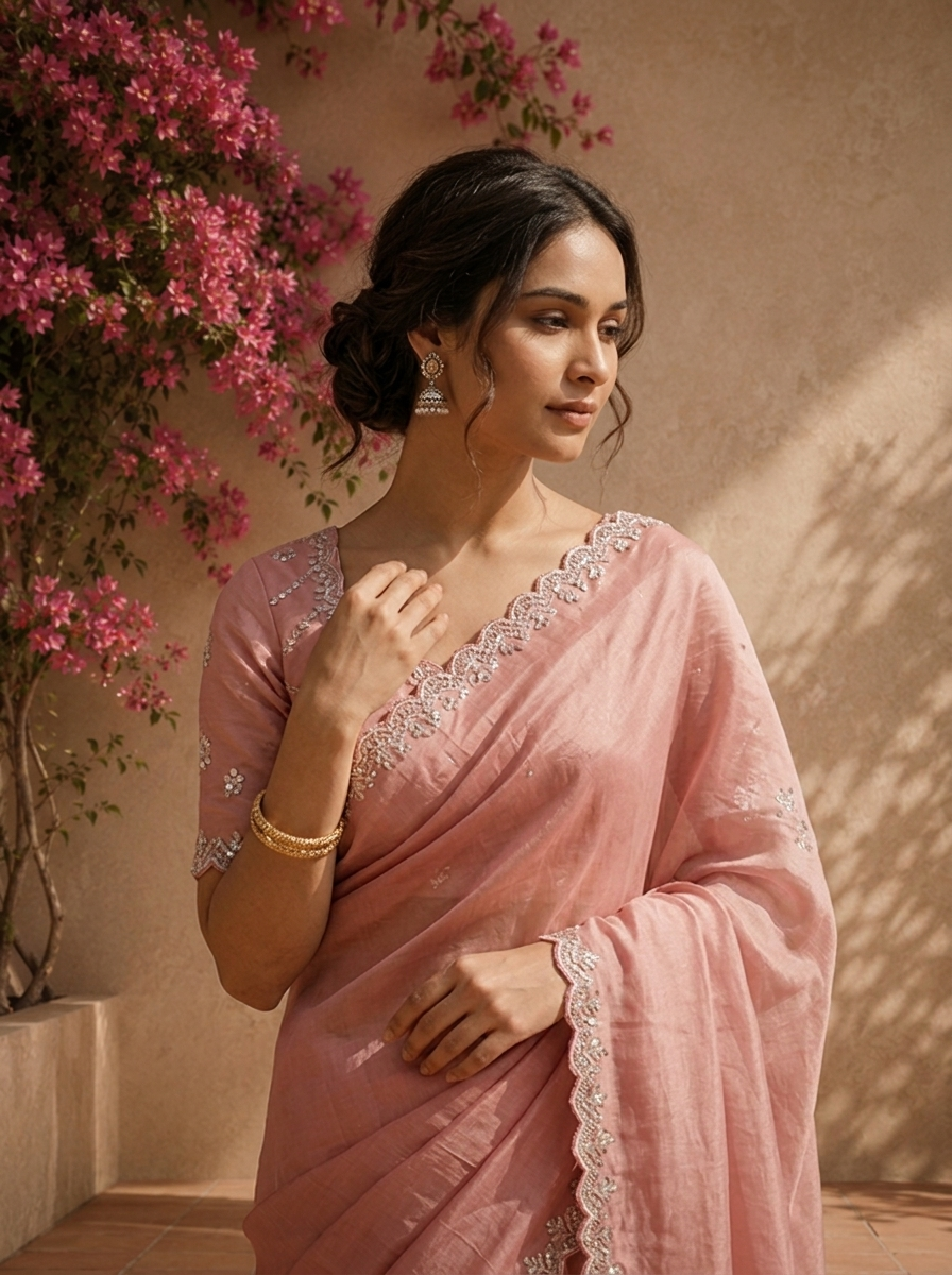 Onion Organza Scattered Stone Embroidered Saree With Scallop Border