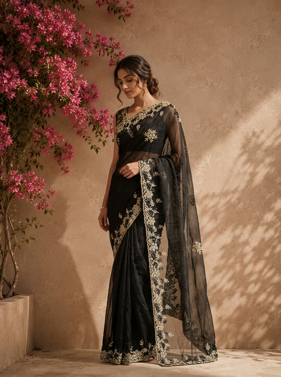 Black Organza Saree With Zardozi And Bead Embroidered
