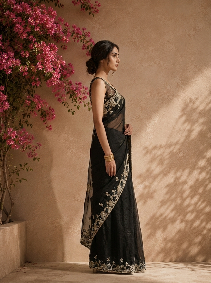 Black Organza Saree With Zardozi And Bead Embroidered