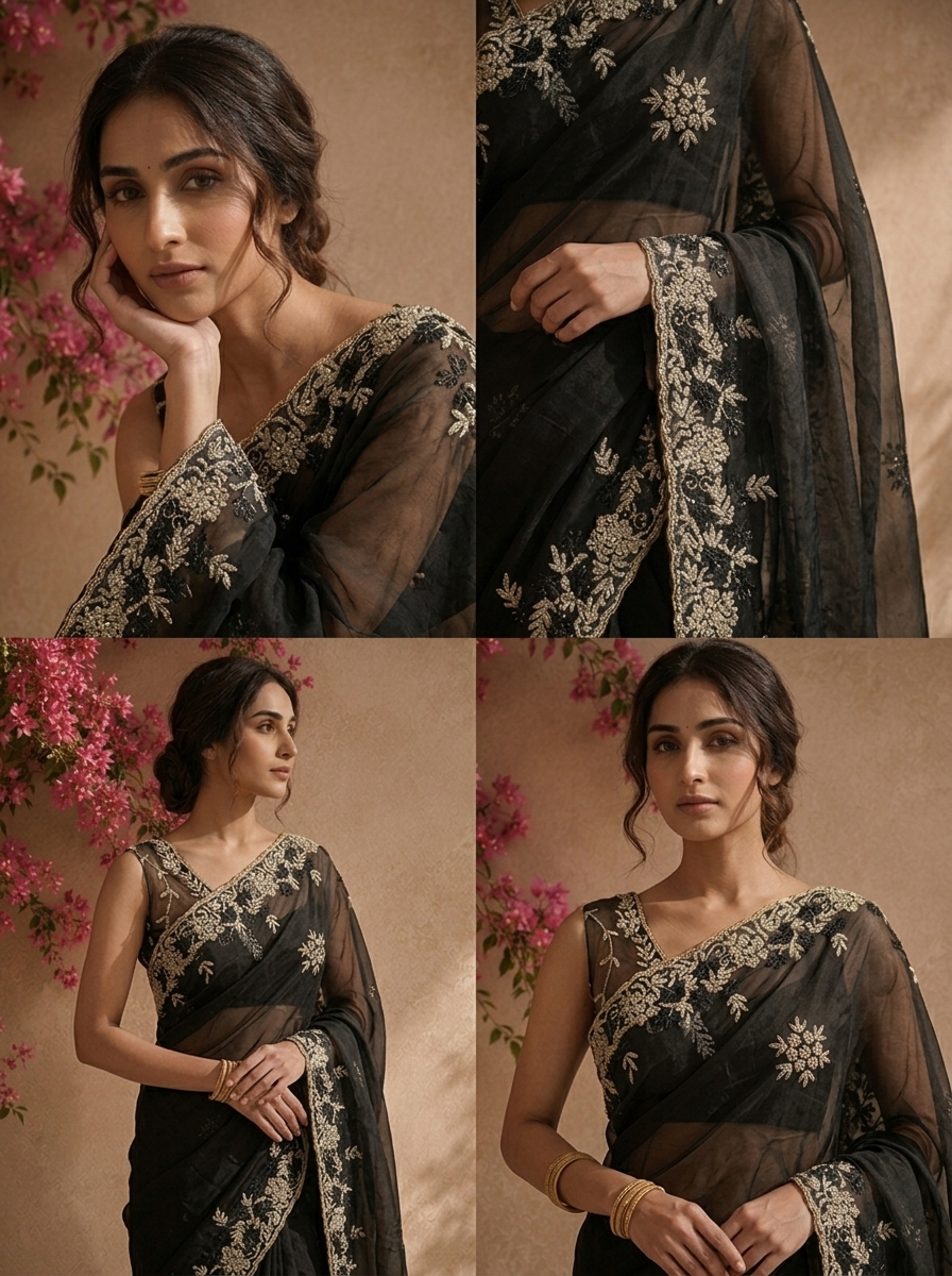 Black Organza Saree With Zardozi And Bead Embroidered