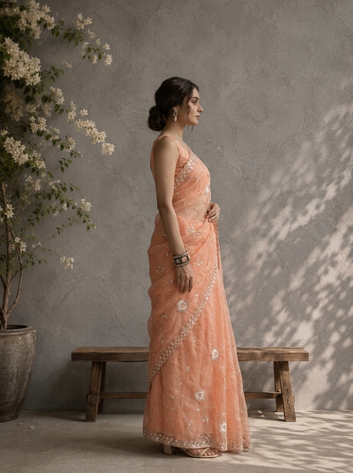 Coral Organza Mirror And Stone Embroidered Saree With Embellished Border