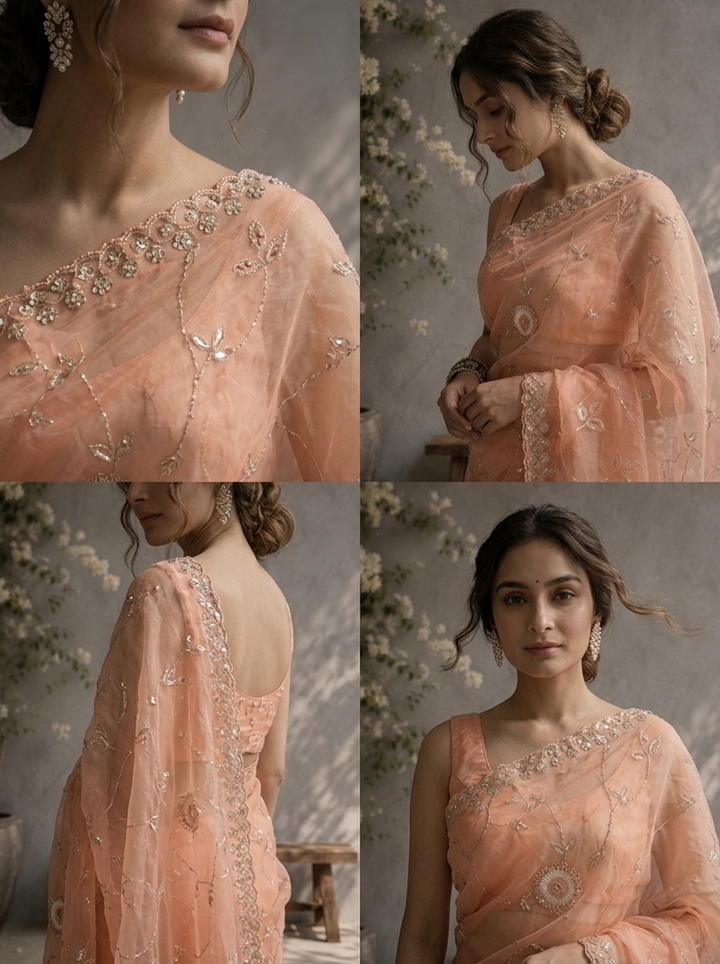 Coral Organza Mirror And Stone Embroidered Saree With Embellished Border
