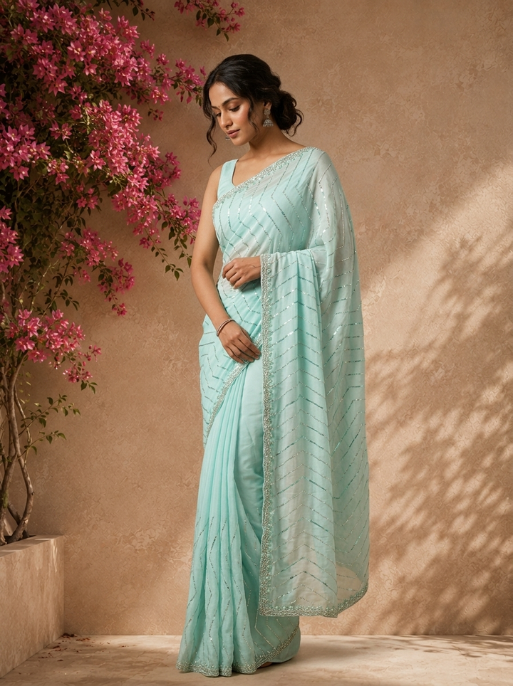 Sea Green Organza Sequin Embroidered Saree