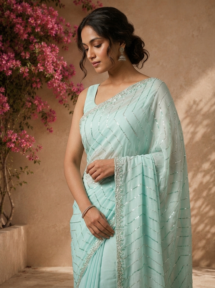 Sea Green Organza Sequin Embroidered Saree
